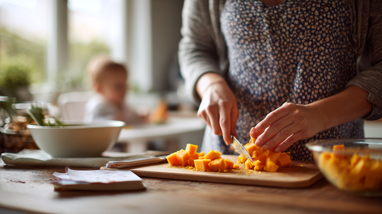 Parent confidently preparing nutritious meal for baby with Caribbean ingredients