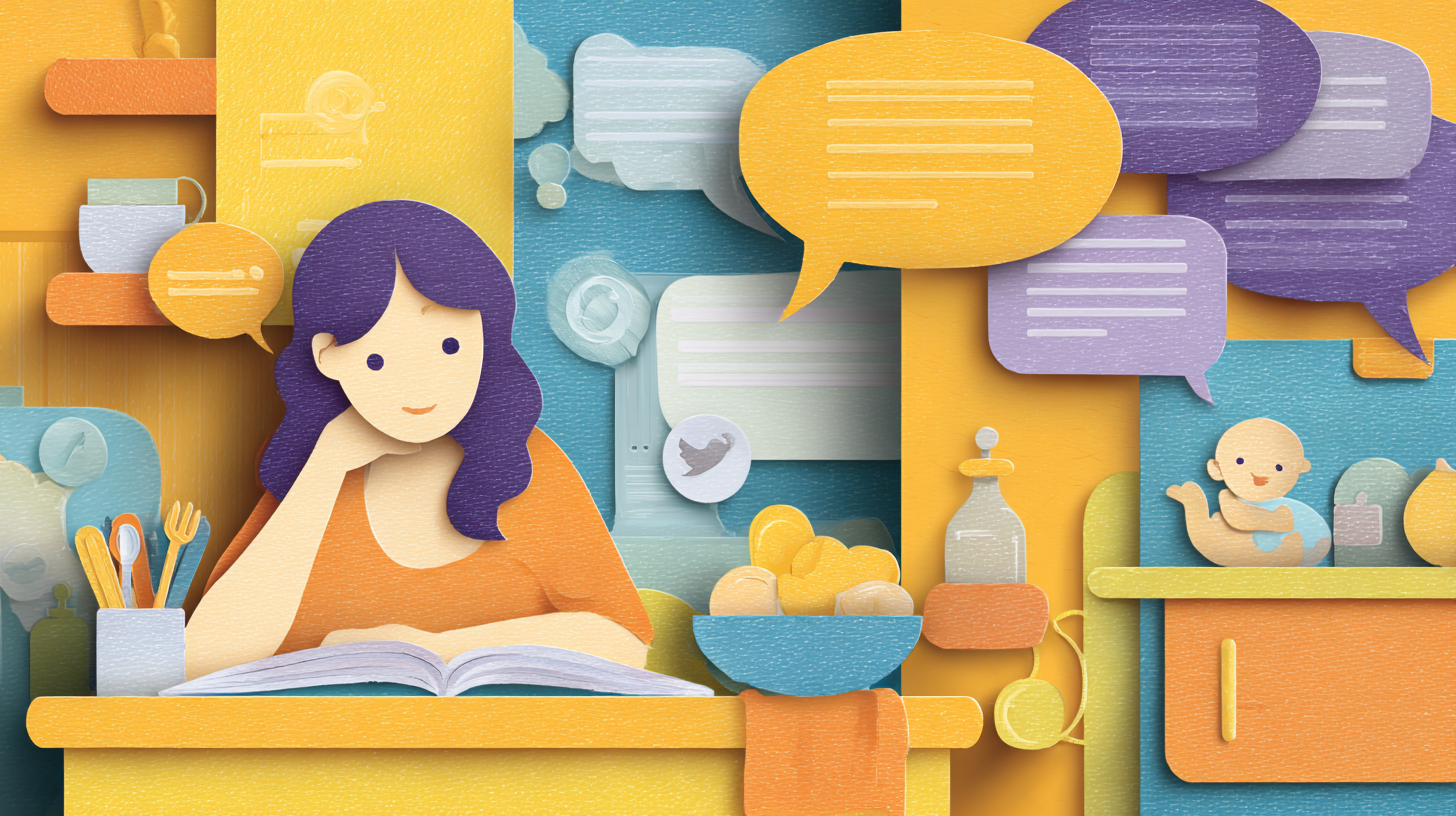 Parent reviewing feeding information with baby, filtering advice thoughtfully