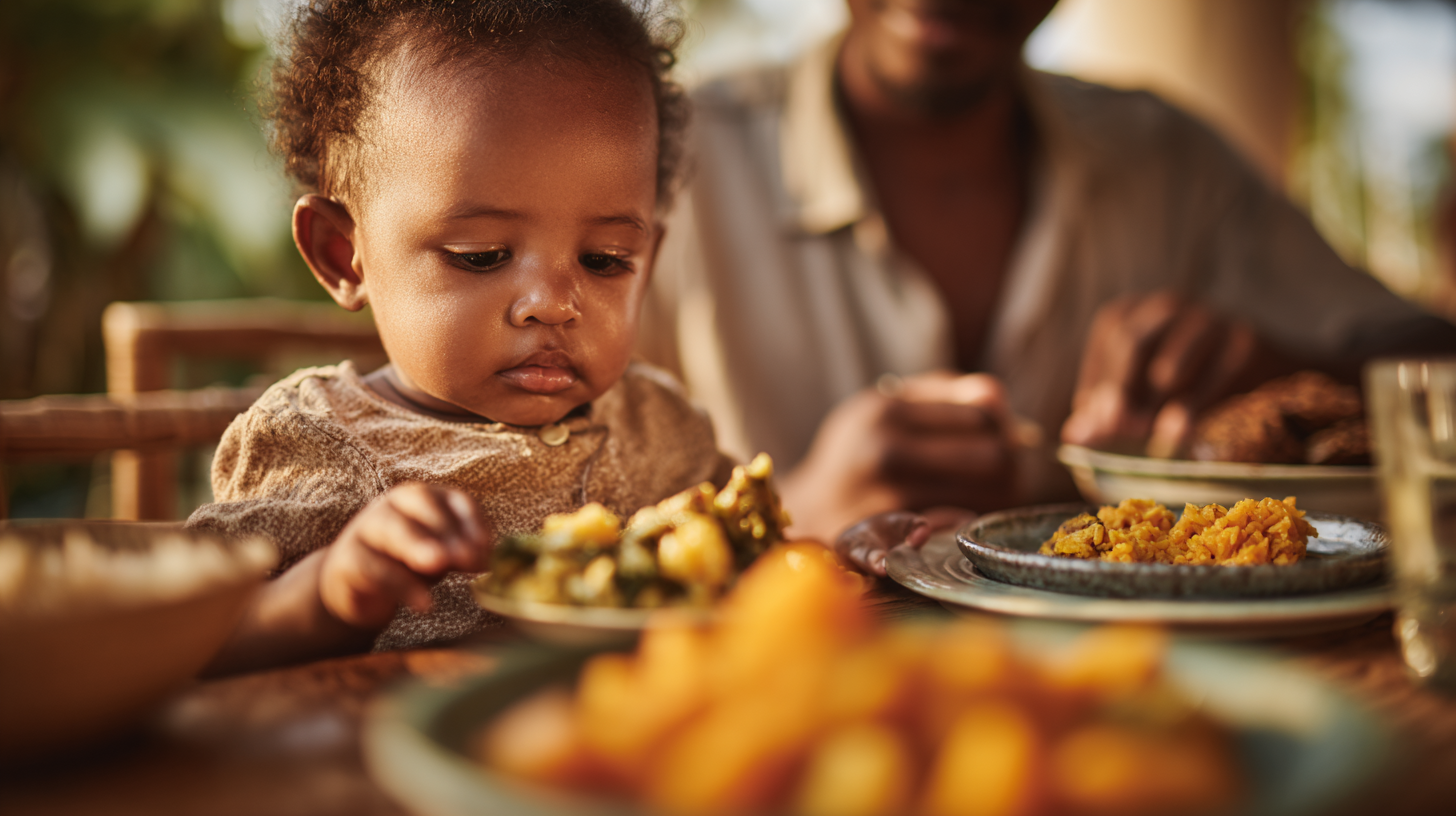 Family with baby sharing a vibrant Caribbean-style meal together at the table