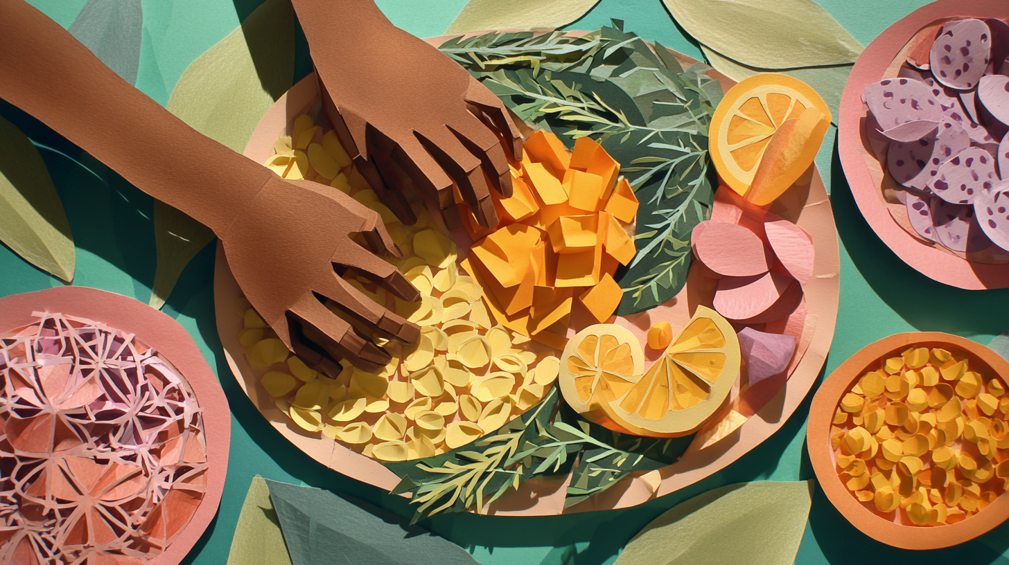 Toddler exploring a tray of Caribbean-inspired baby meals, tasting and touching different textures