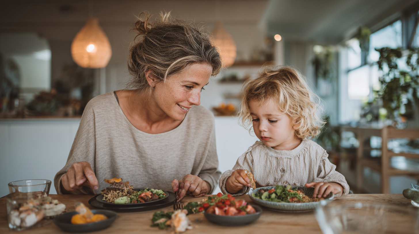 Parent and preschooler calmly trying new foods together in a guided, responsive way
