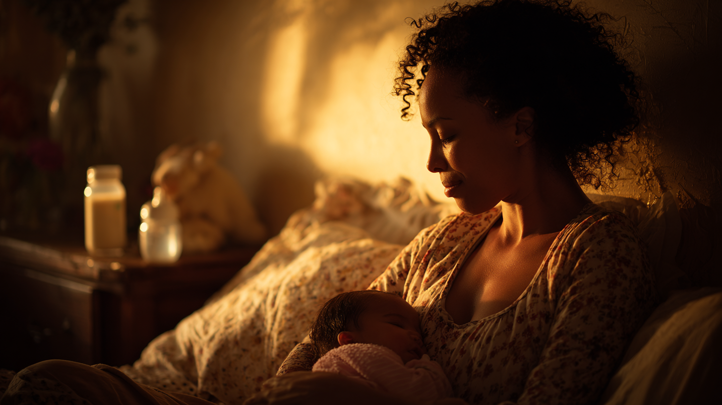 Parent reflecting on their baby feeding journey with a calm, proud expression