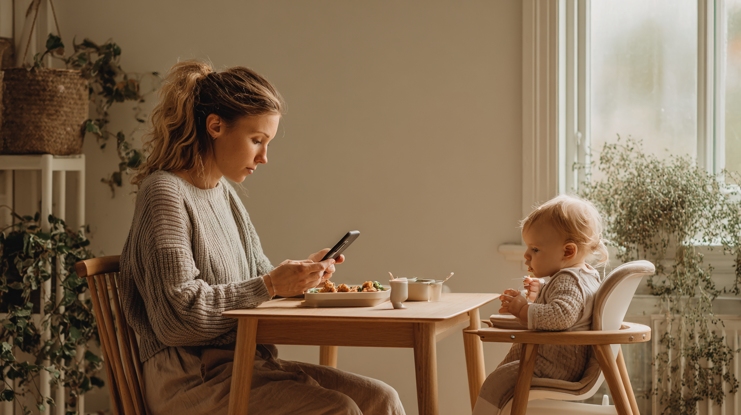 Parent checking phone while feeding baby, balancing online advice with real-life needs.