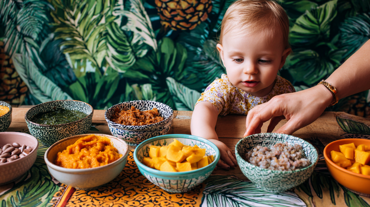 Caribbean-inspired baby meal with colorful purees and family-style ingredients.