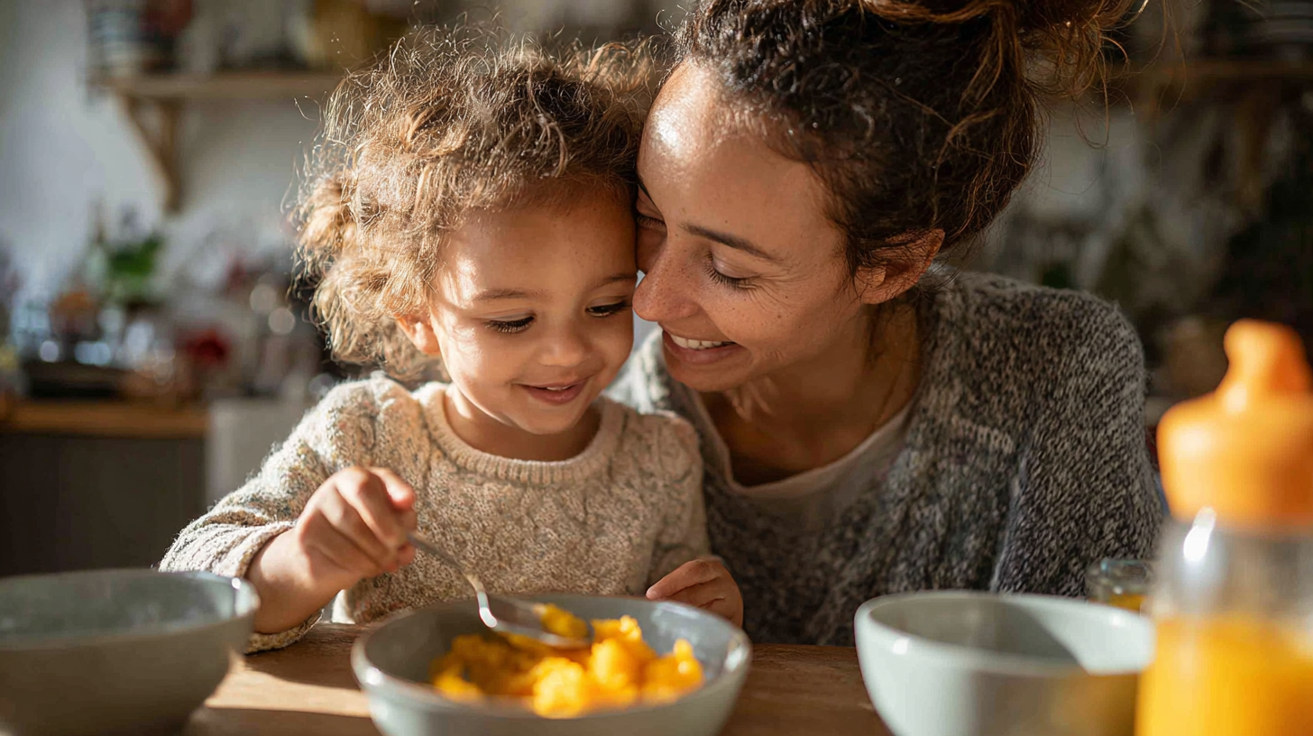 Parent and child sharing a relaxed, joyful mealtime together