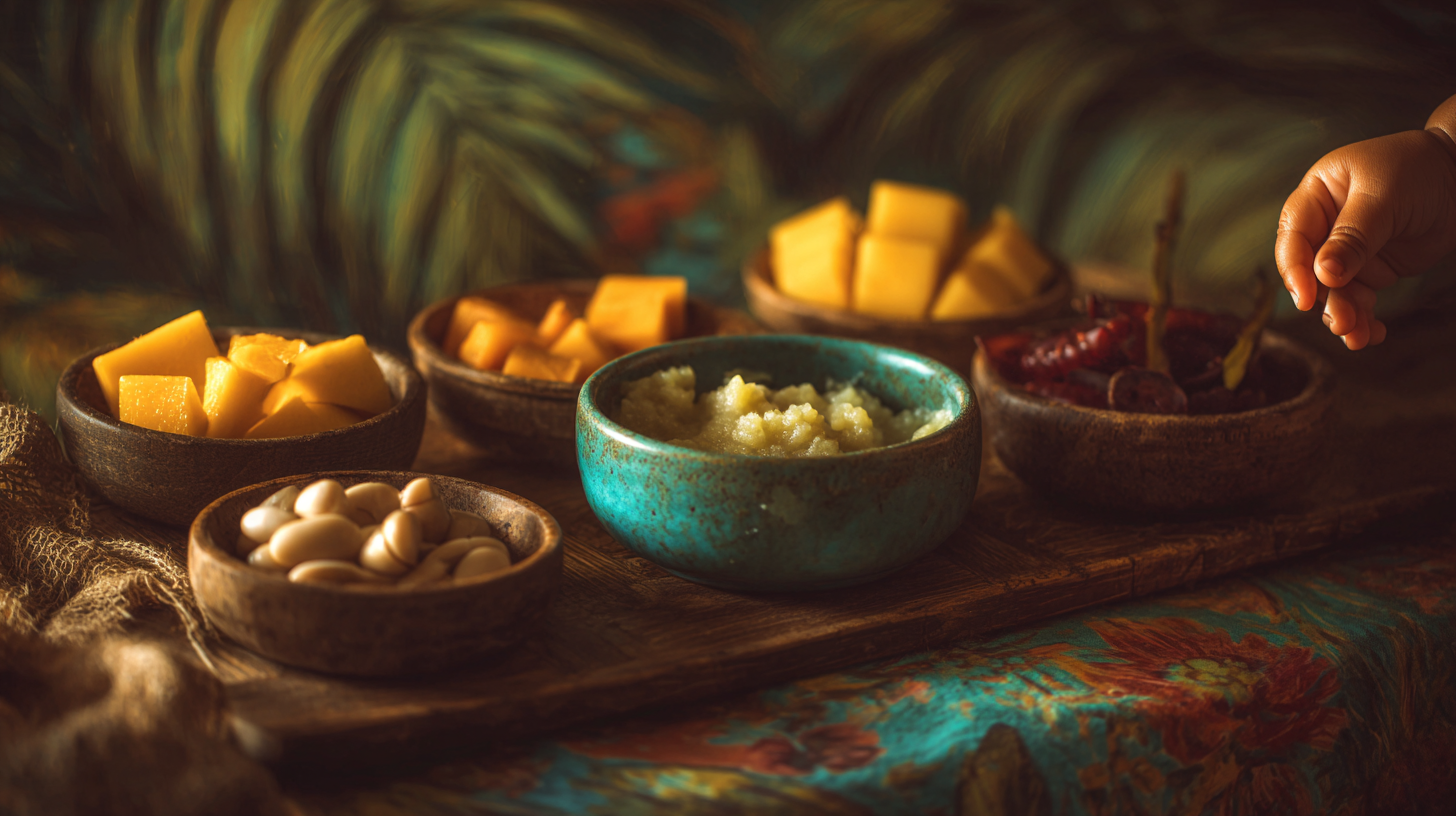 Caribbean-inspired baby bowl with colorful purees and finger foods