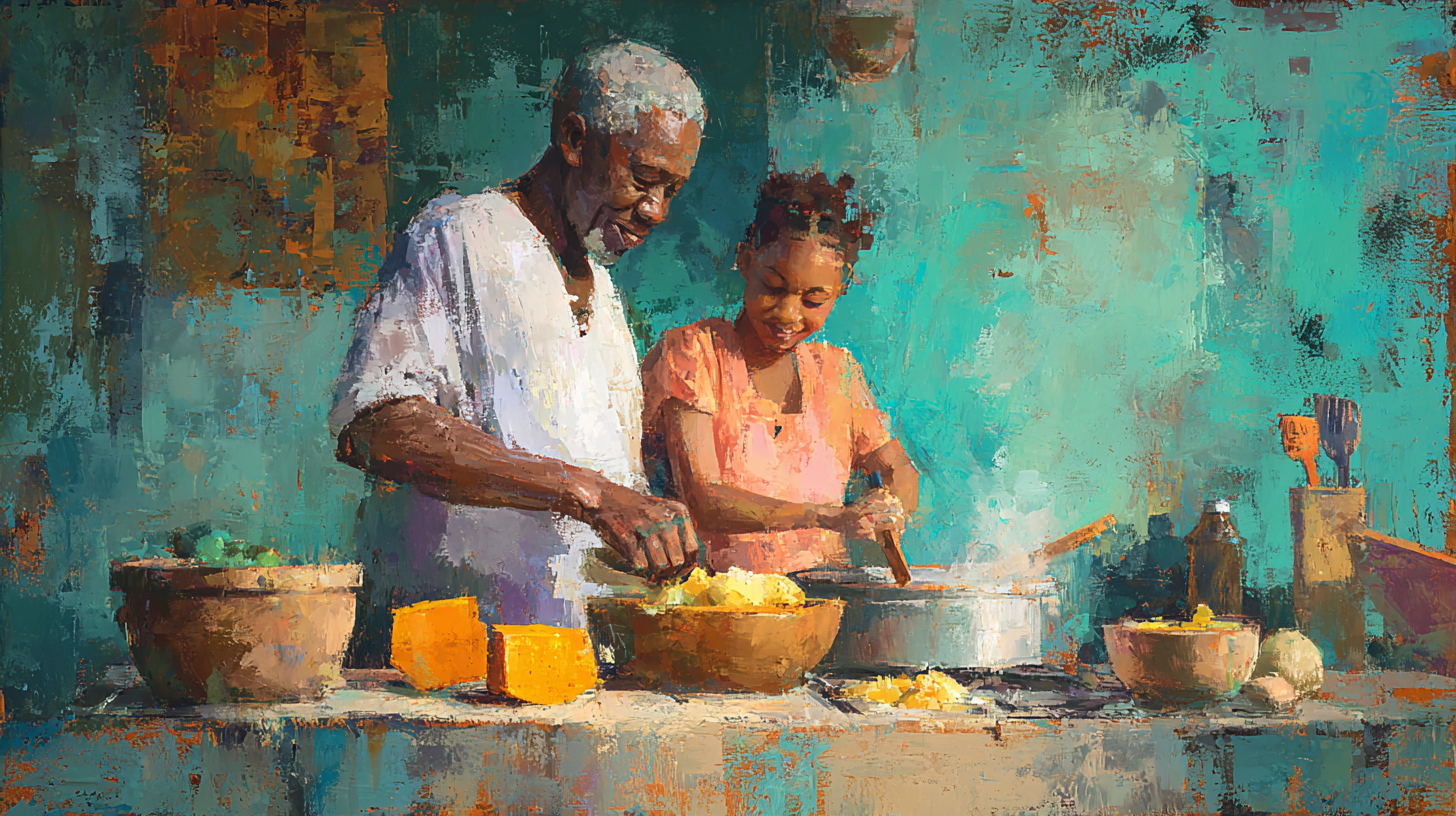 Grandparent and parent preparing baby food together bridging old and new traditions