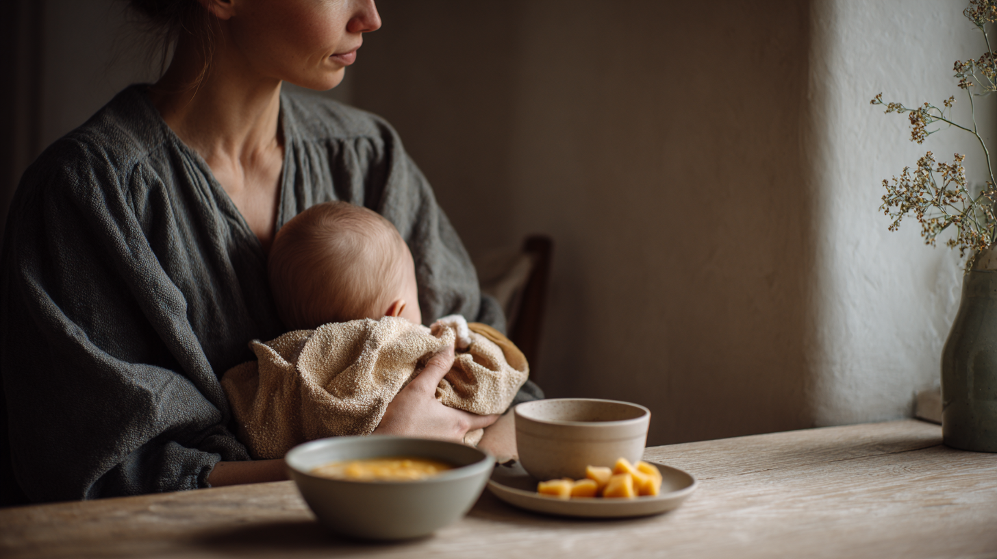Parent and baby sharing a warm feeding moment around the table