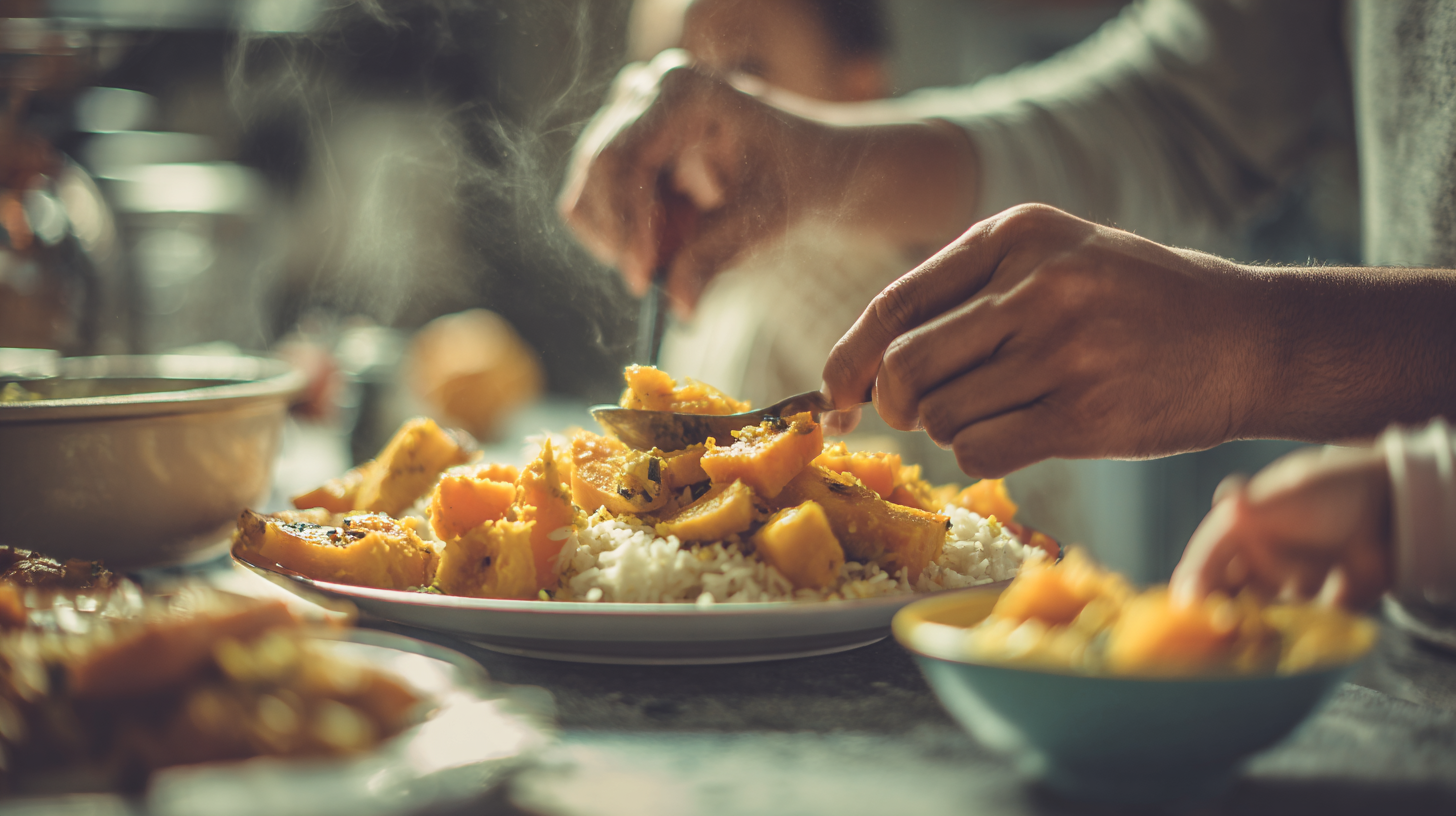 Parent serving baby-friendly Caribbean-inspired foods that match family values