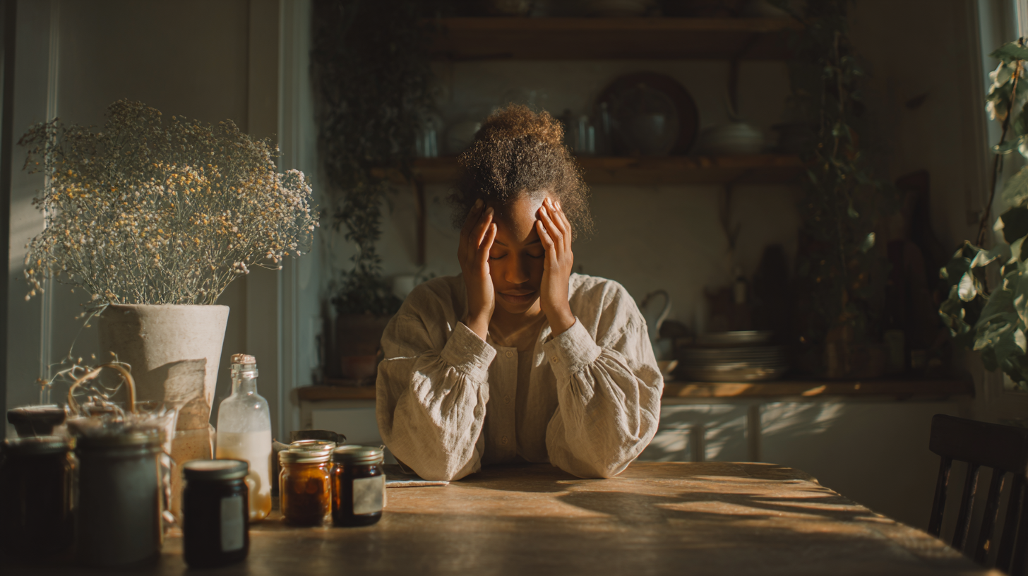 Parent sitting alone at kitchen table with baby food and bottle, looking overwhelmed and exhausted during feeding time