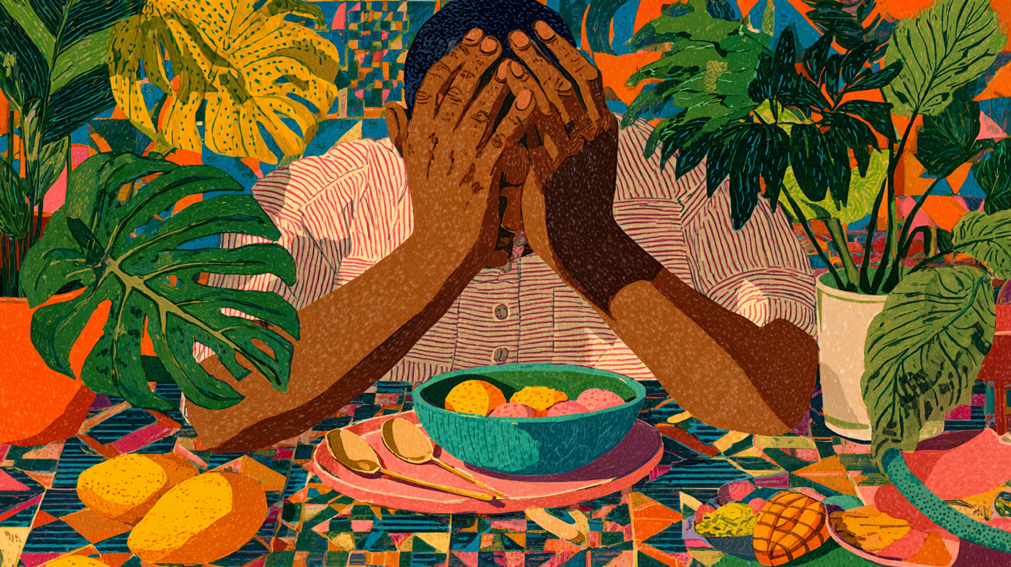Close-up of parent's hands holding their head in stress while baby food sits untouched on the table, showing mental health struggle during feeding time