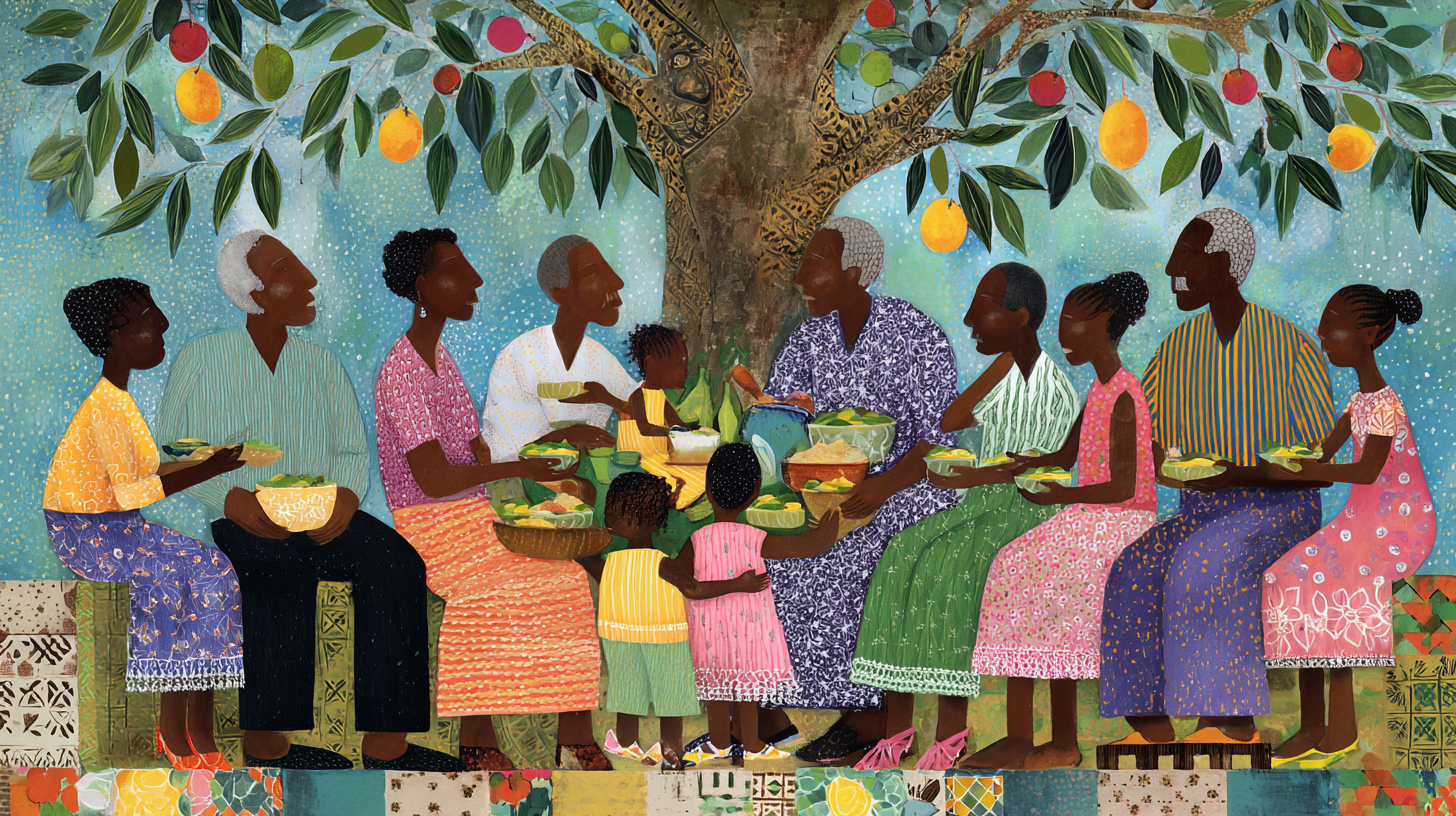 Multi-generational family sharing meals and passing down food traditions with love