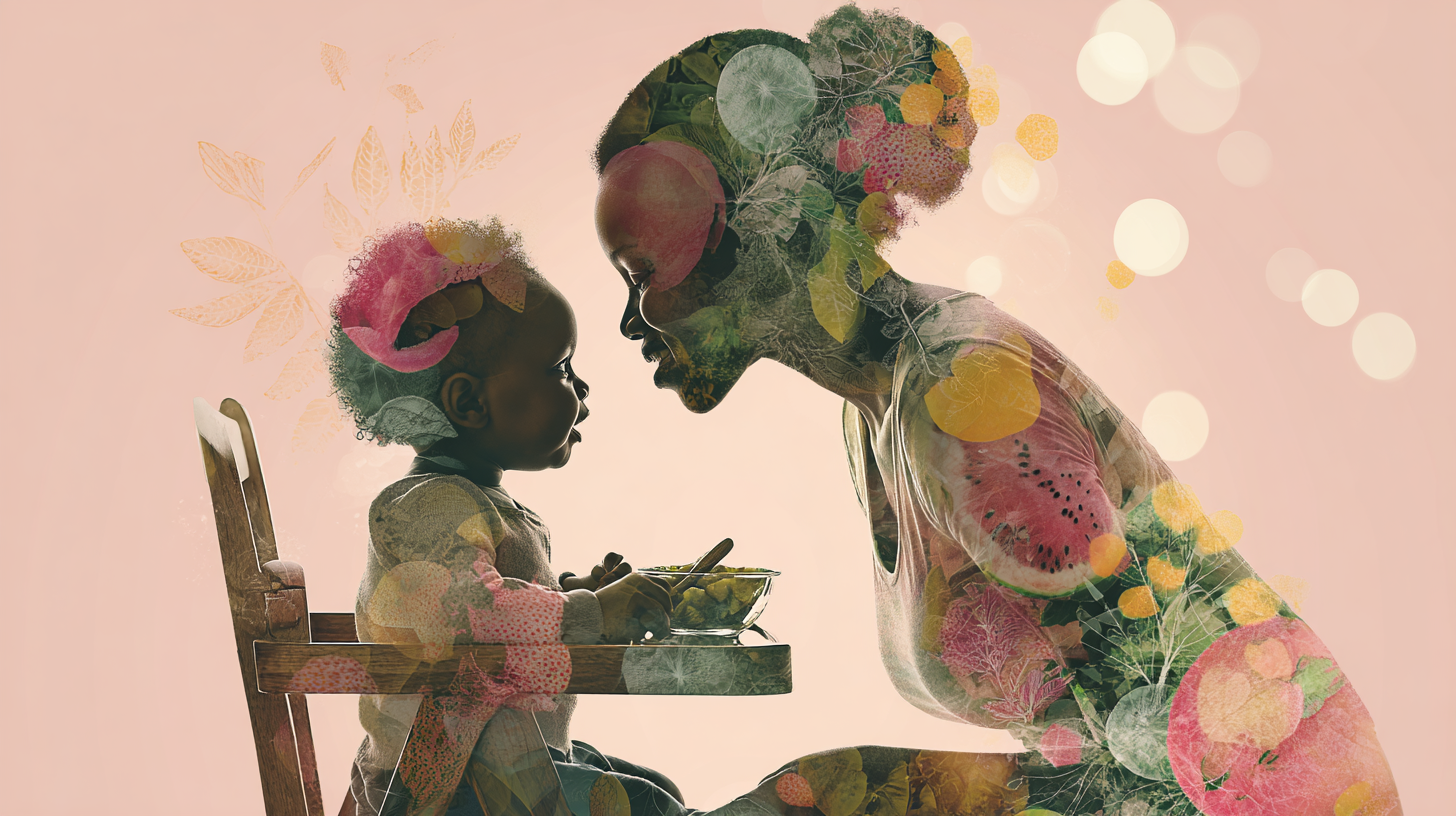 Parent and baby sharing a joyful meal that reflects both growth and Caribbean flavors
