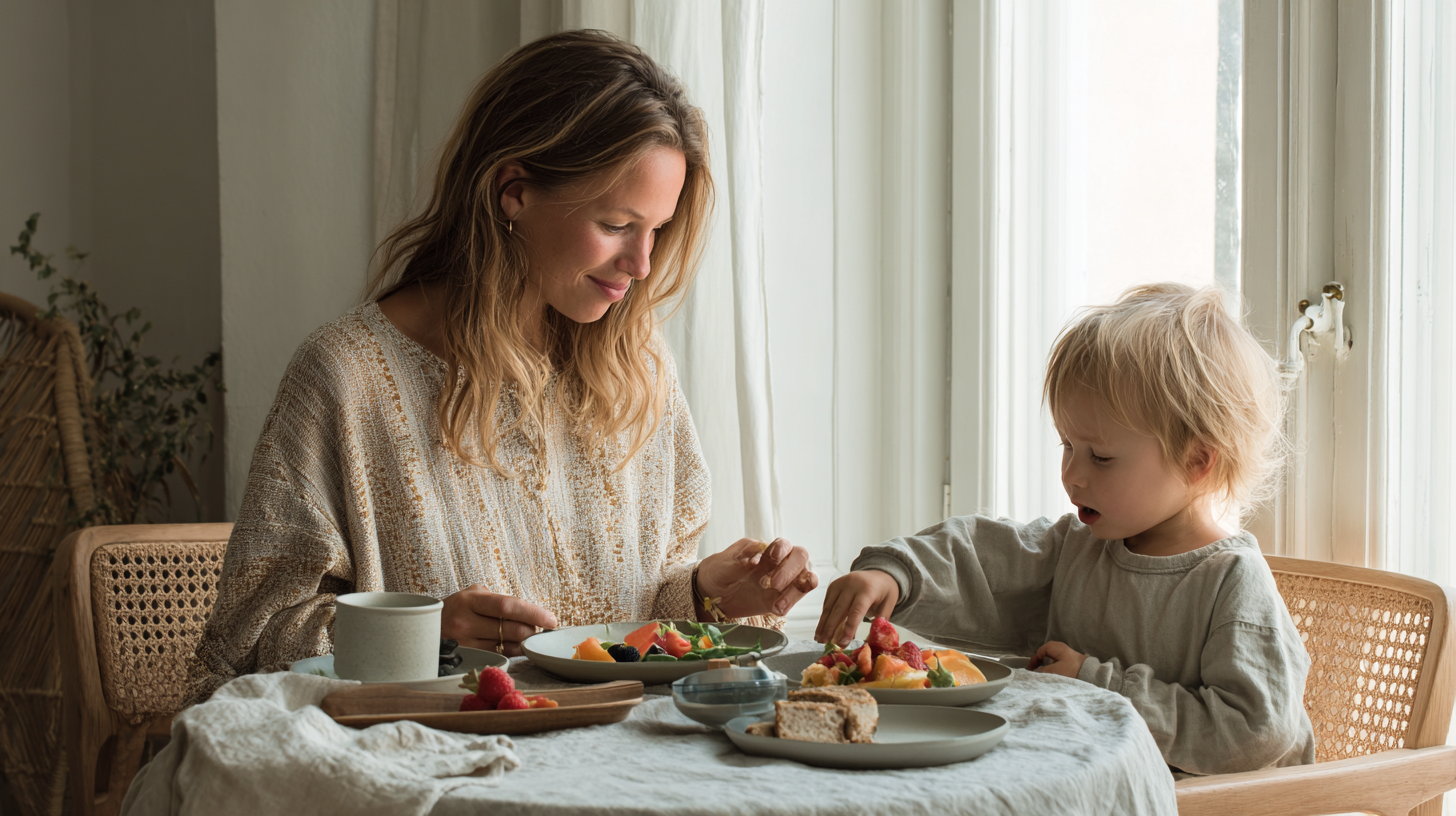 Parent and child enjoying a relaxed meal together, symbolizing a positive relationship with food.