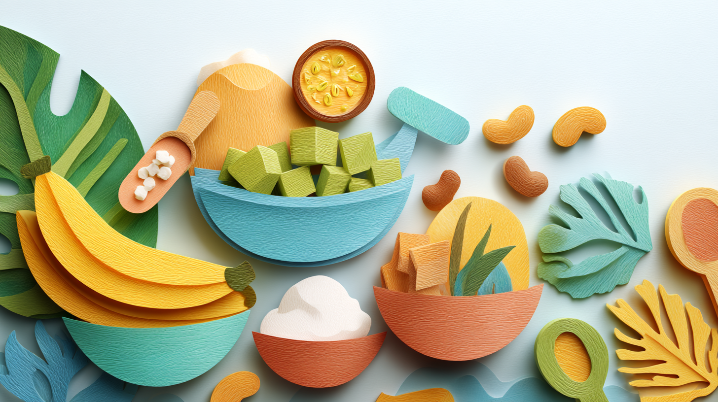 Caribbean-inspired baby food ingredients like plantain, coconut, and sweet potato arranged beautifully.