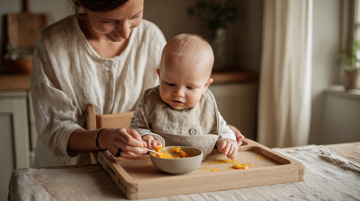 Caribbean parent smiling while baby plays with messy food at the table