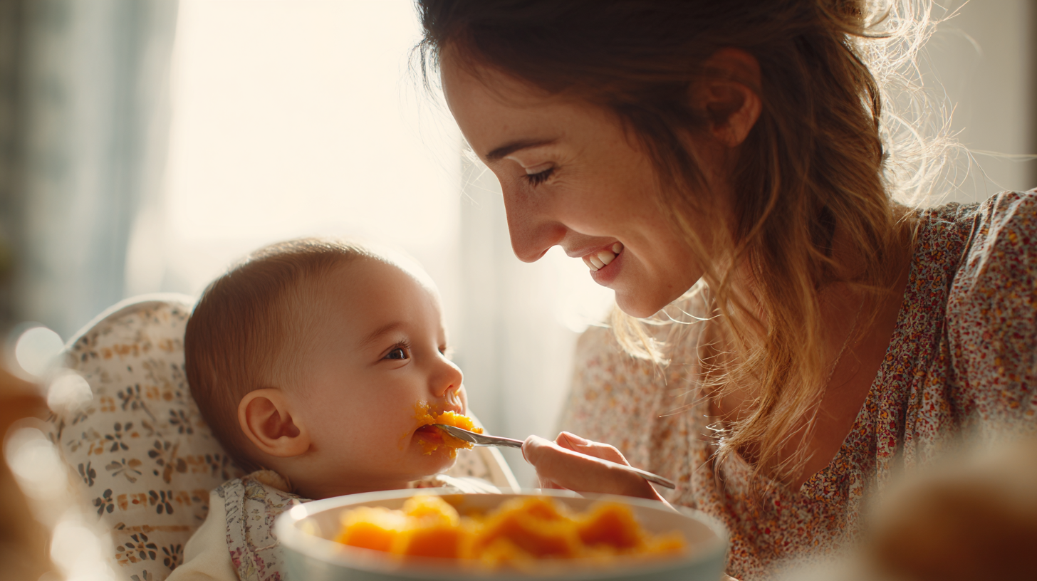 Parent feeding baby while smiling and relaxed