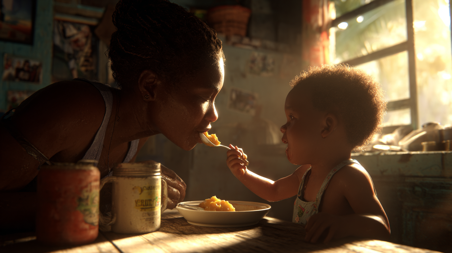 Caribbean parent feeding baby at a colorful family table