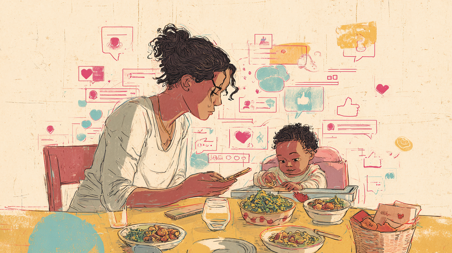 Parent scrolling social media while baby explores food in high chair