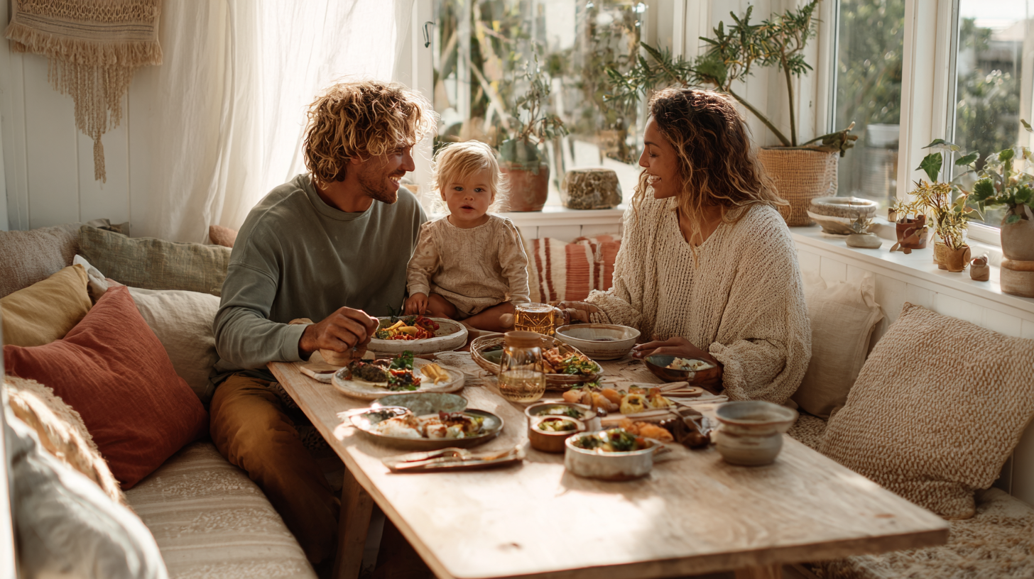 Family enjoying a Caribbean-inspired family meal together