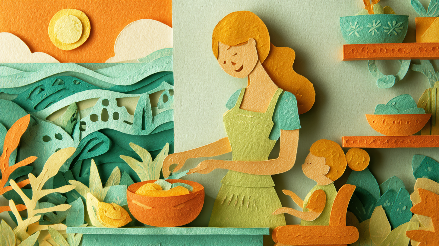 Parent preparing Caribbean-inspired baby food and smiling at baby in high chair