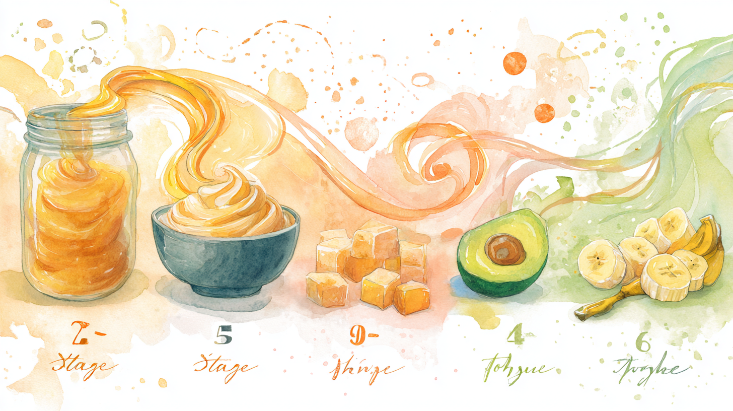 Visual guide showing the five stages of baby food texture progression from smooth purees to family foods with age-appropriate examples