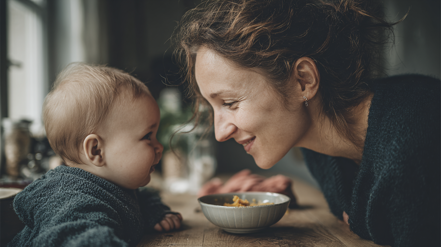 Parent mindfully present at family mealtime with baby