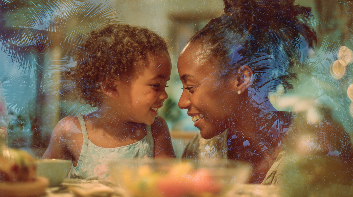 Parent and child smiling and connecting during a calm, screen-free meal