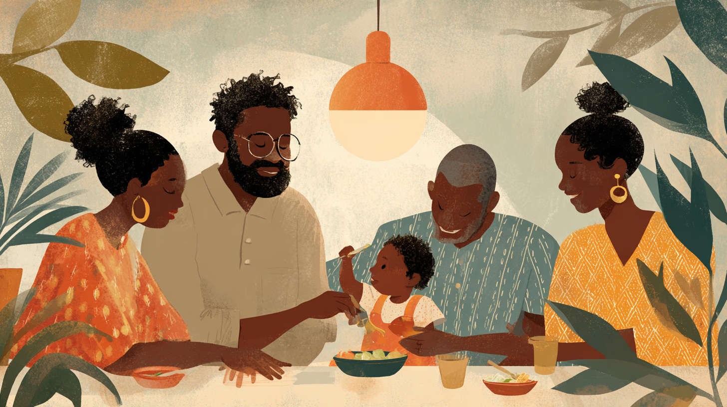 Peaceful family mealtime showing grace and connection