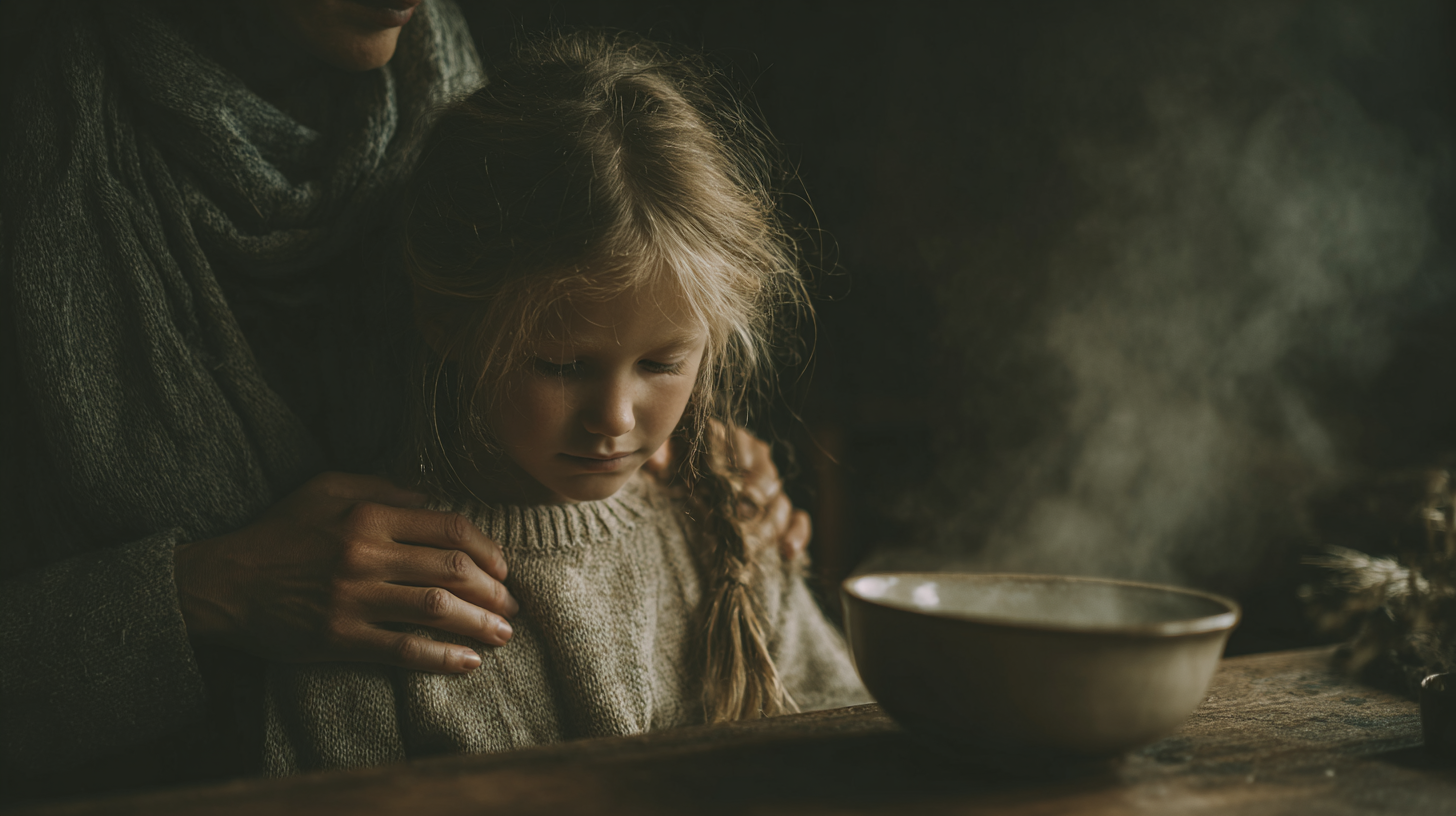 Parent comforting child during mealtime, showing understanding and support for feeding challenges