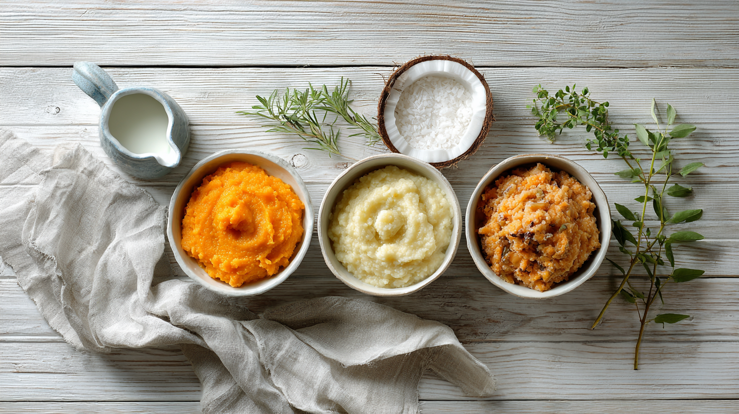 Caribbean baby food ingredients showing texture progression from smooth purees to mixed texture meals