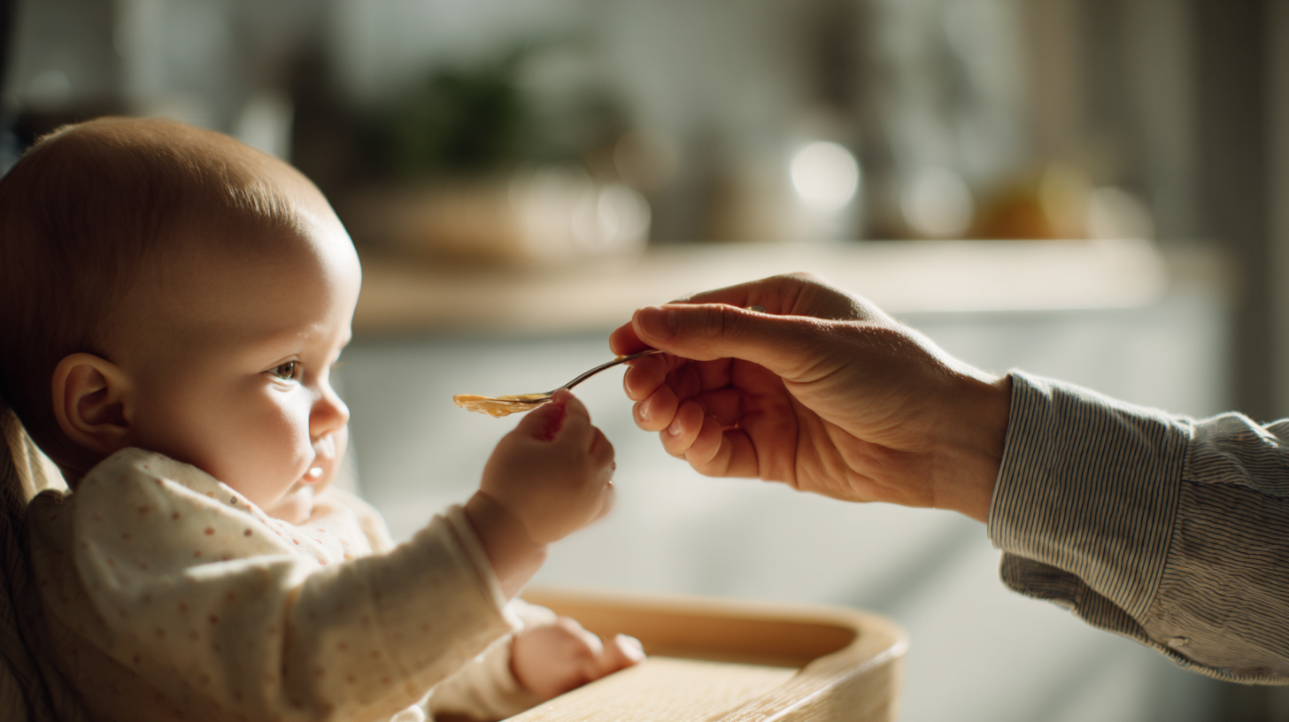 Parent safely introducing peanut butter to infant following 2025 guidelines