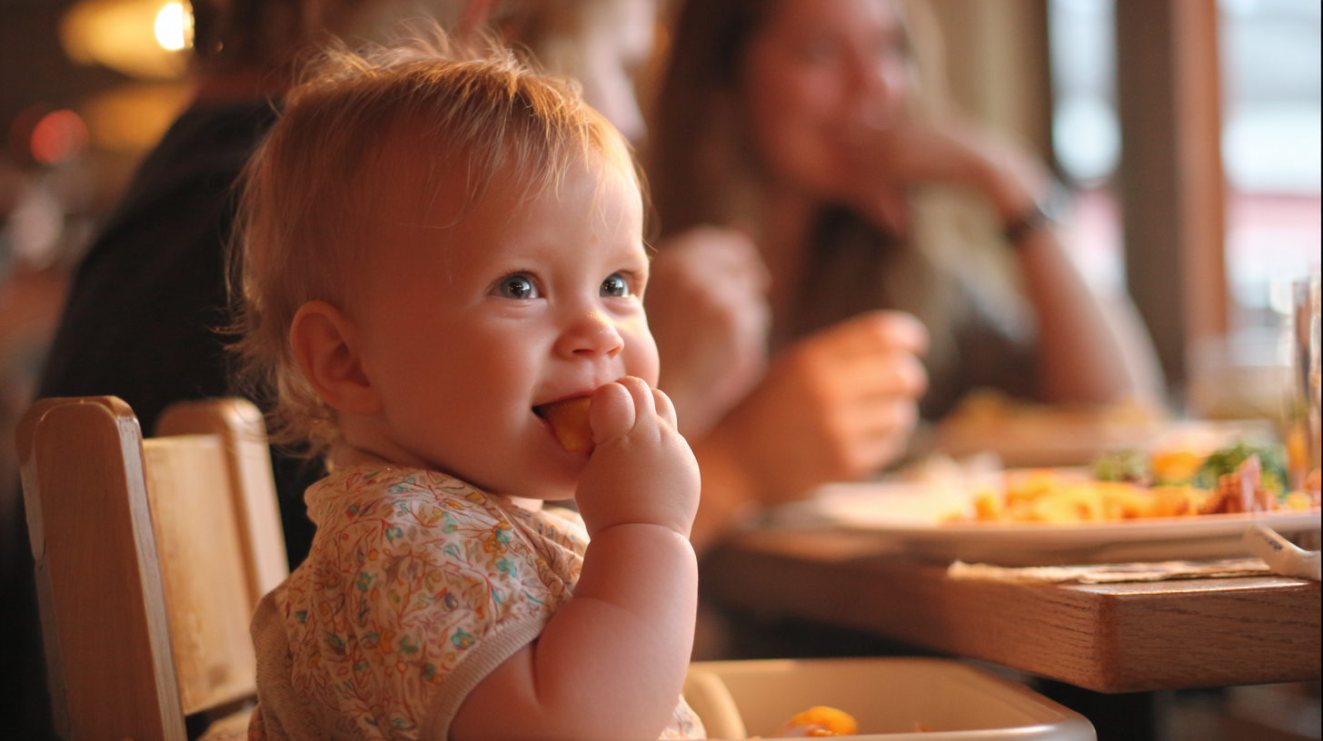 Happy baby eating in restaurant with parents enjoying stress-free dining experience