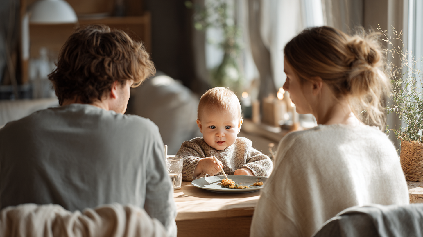 Peaceful family restaurant scene with baby engaged in eating while parents relax and enjoy their meal