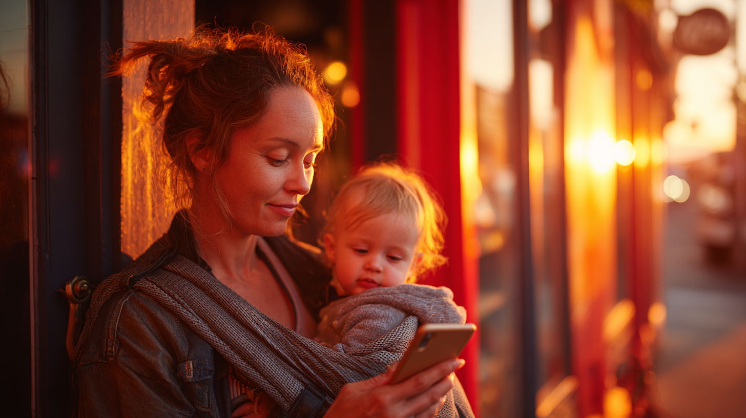 Parent checking baby-friendly restaurant database app on smartphone while holding toddler