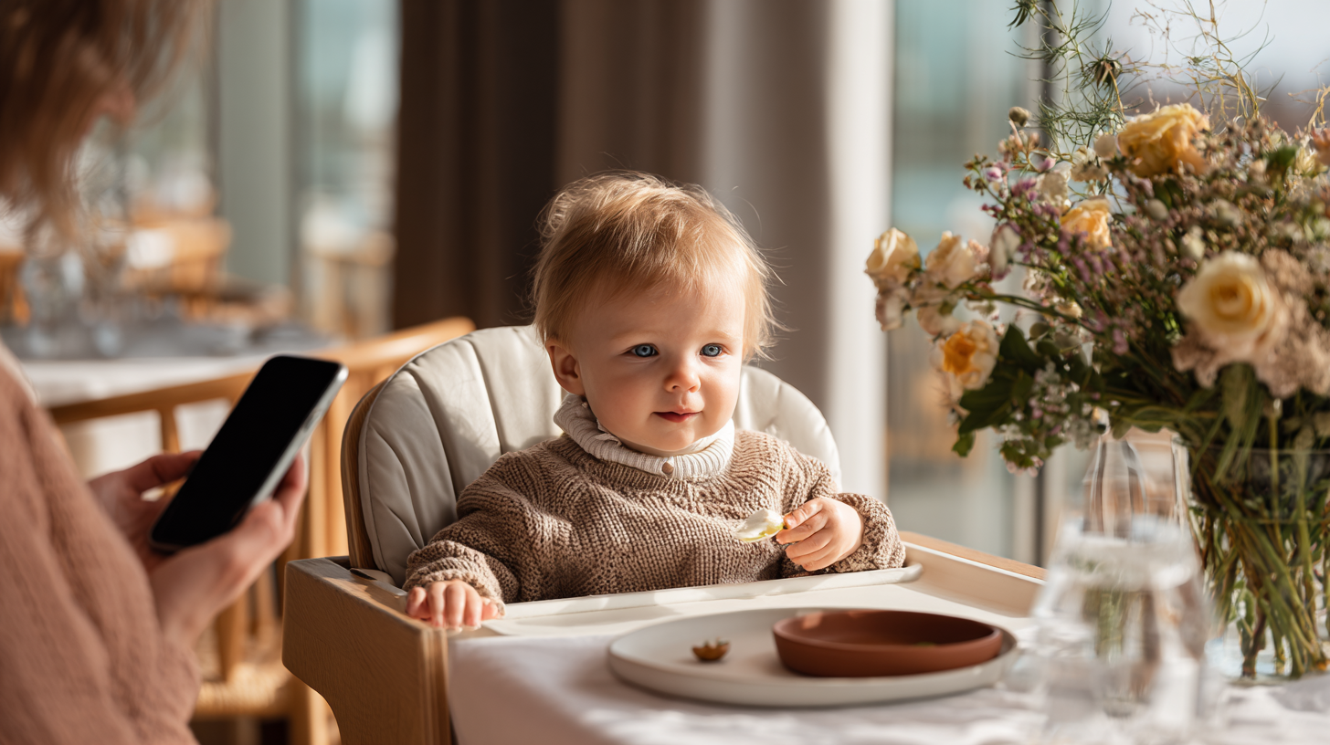 Baby in clean high chair at restaurant with parent reviewing amenities on phone