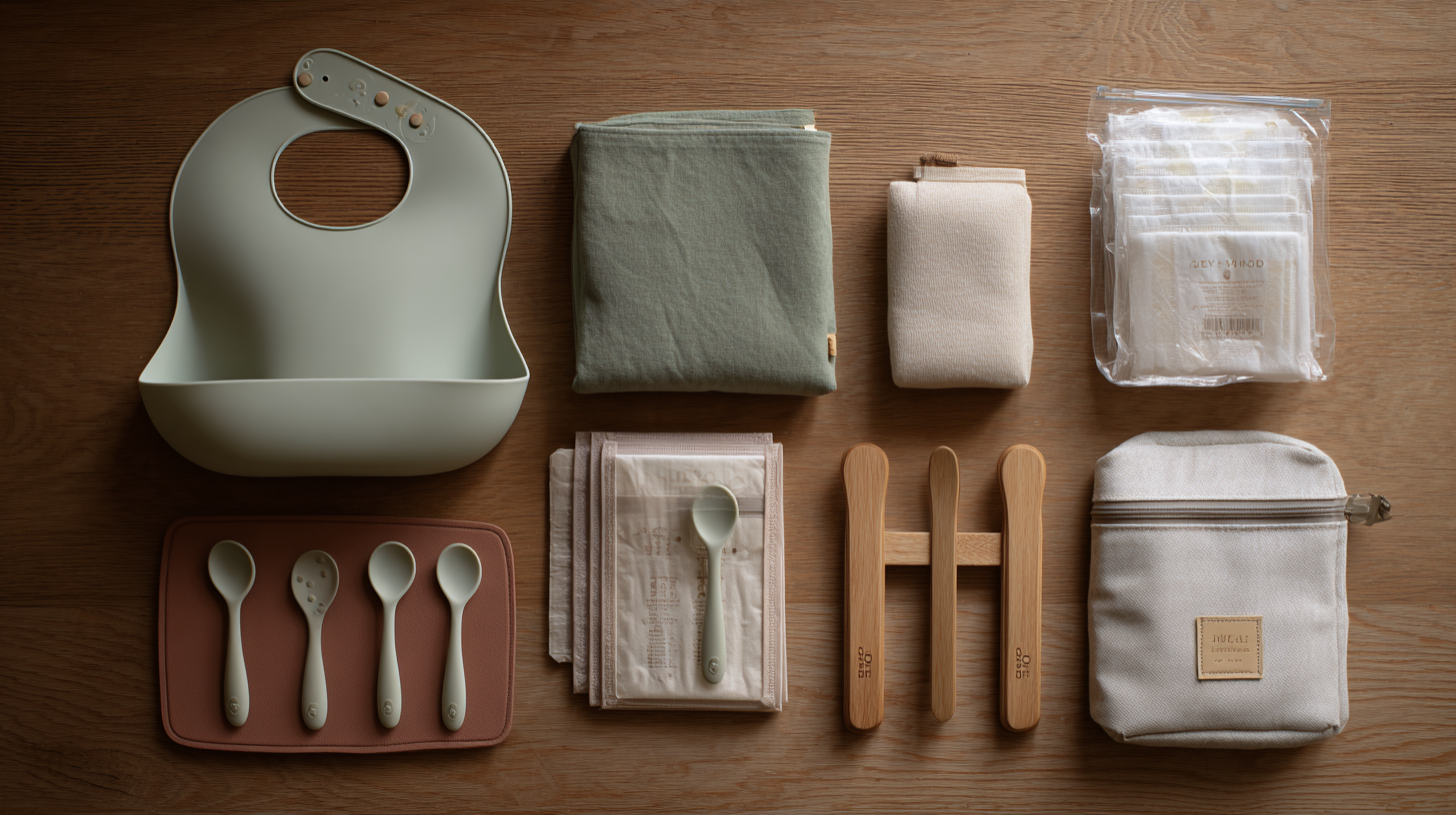 Parent setting up portable baby feeding equipment at restaurant table with organized gear bag