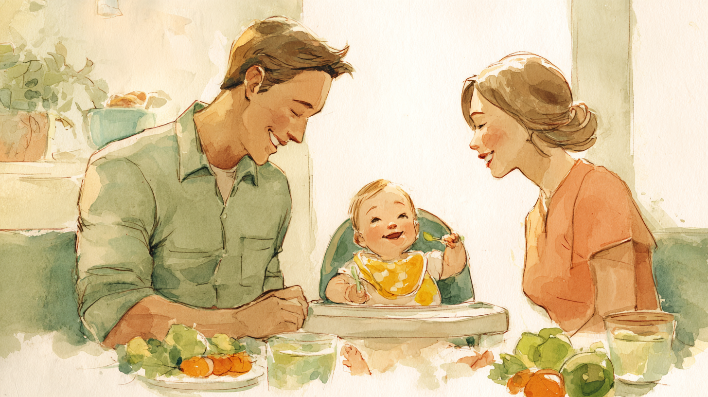 Happy baby eating healthy restaurant food in proper portable high chair with parent nearby