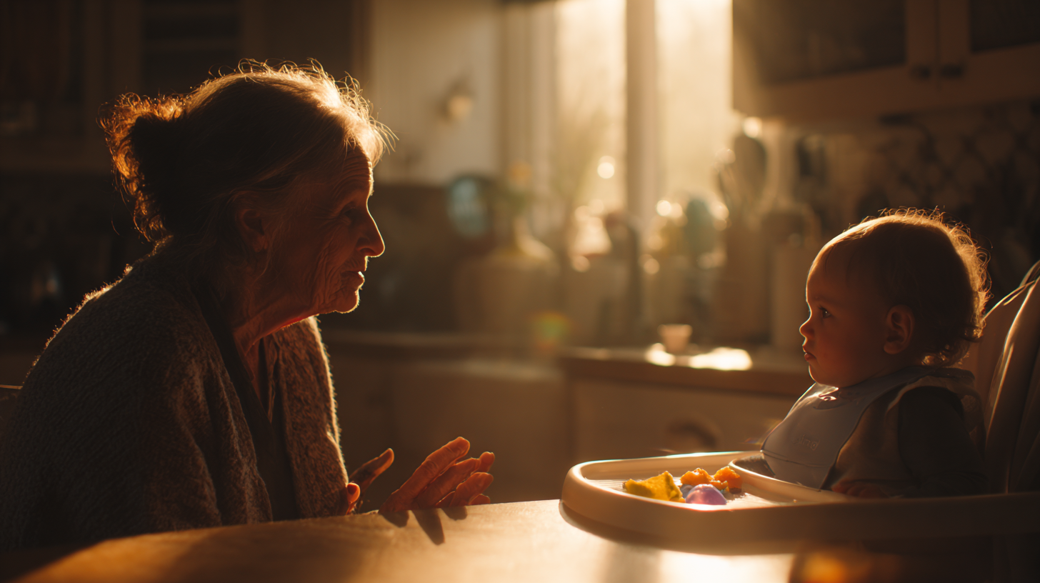 Multi-generational family gathering around dinner table with baby in high chair, showing warm interaction between grandparents and parents during mealtime