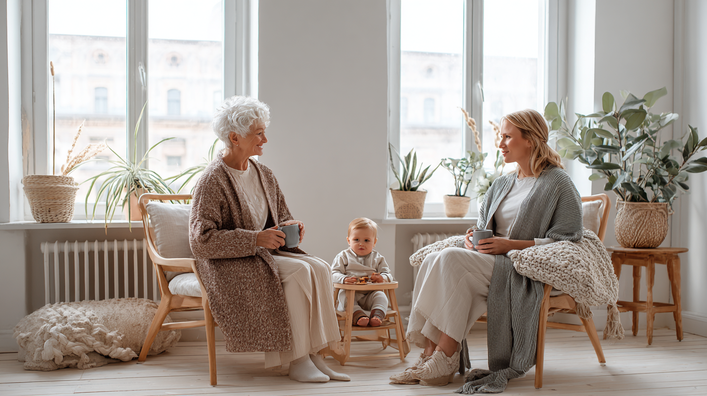 Grandmother and mother having a calm conversation while baby plays with food independently in high chair, demonstrating respectful communication between generations