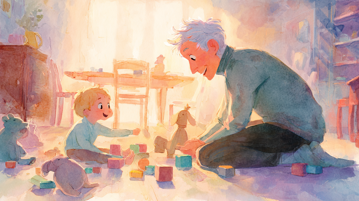 Peaceful scene of grandfather playing with toddler away from dining area, showing alternative bonding activities beyond feeding