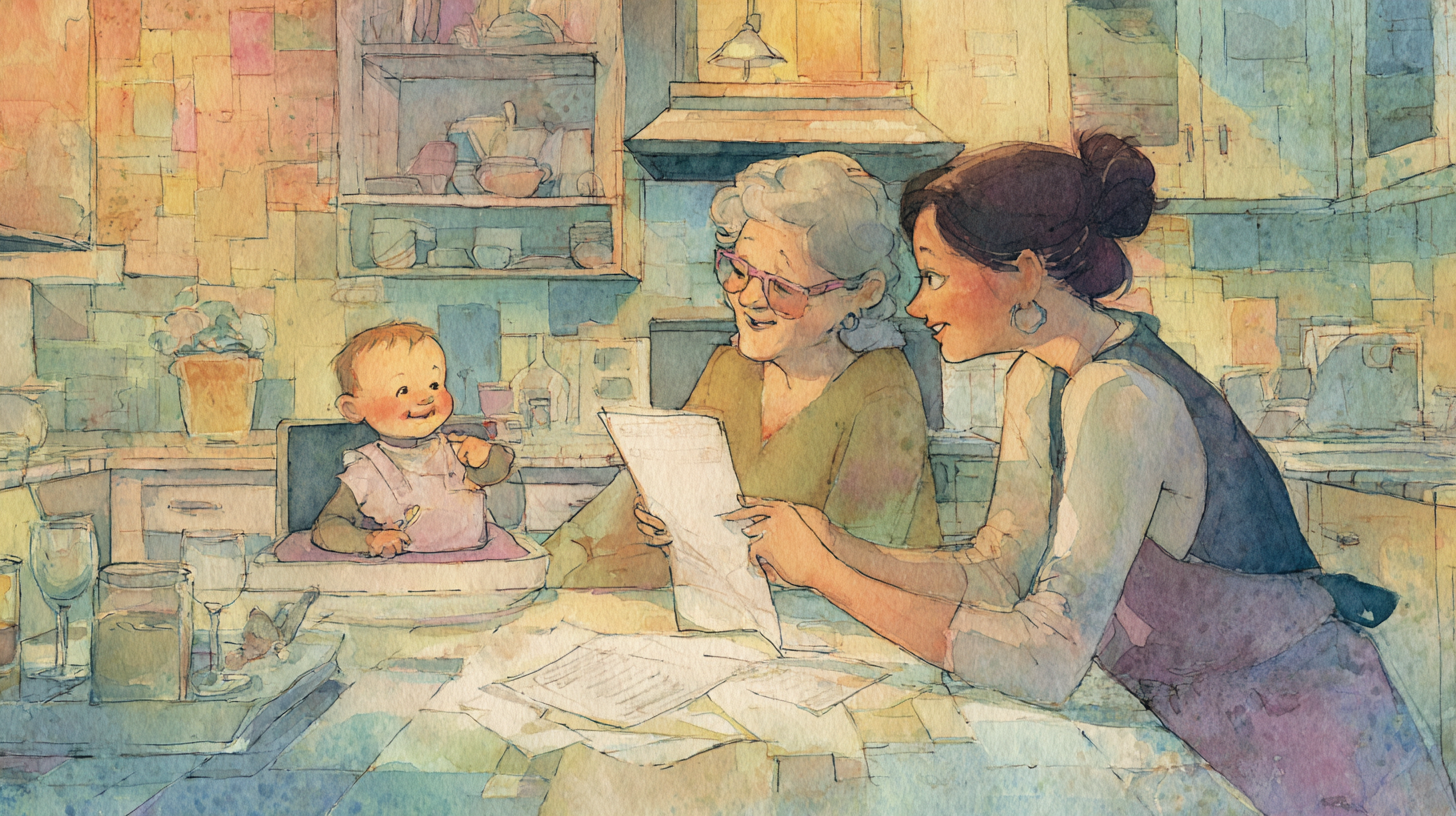 Grandmother and parent reviewing feeding agreement document together at kitchen table with baby in high chair