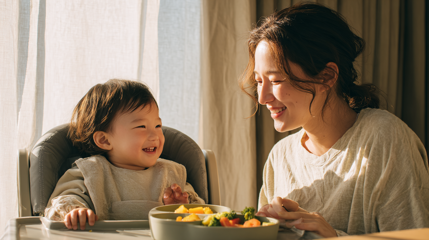Happy parent and toddler sharing stress-free mealtime together using quick feeding solutions with minimal mess