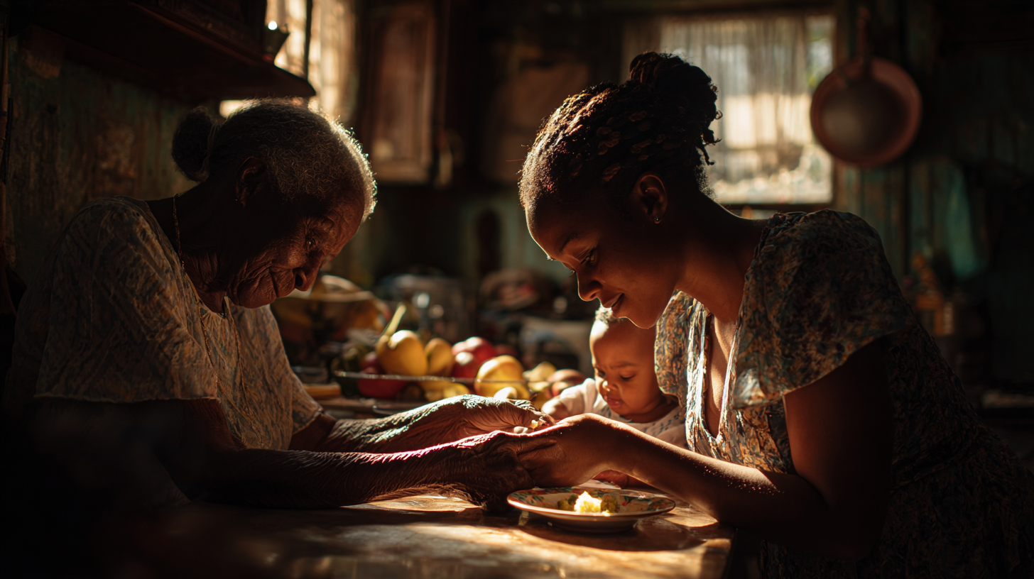 Grandmother and mother feeding a baby together, showing intergenerational cooperation and love in family feeding practices