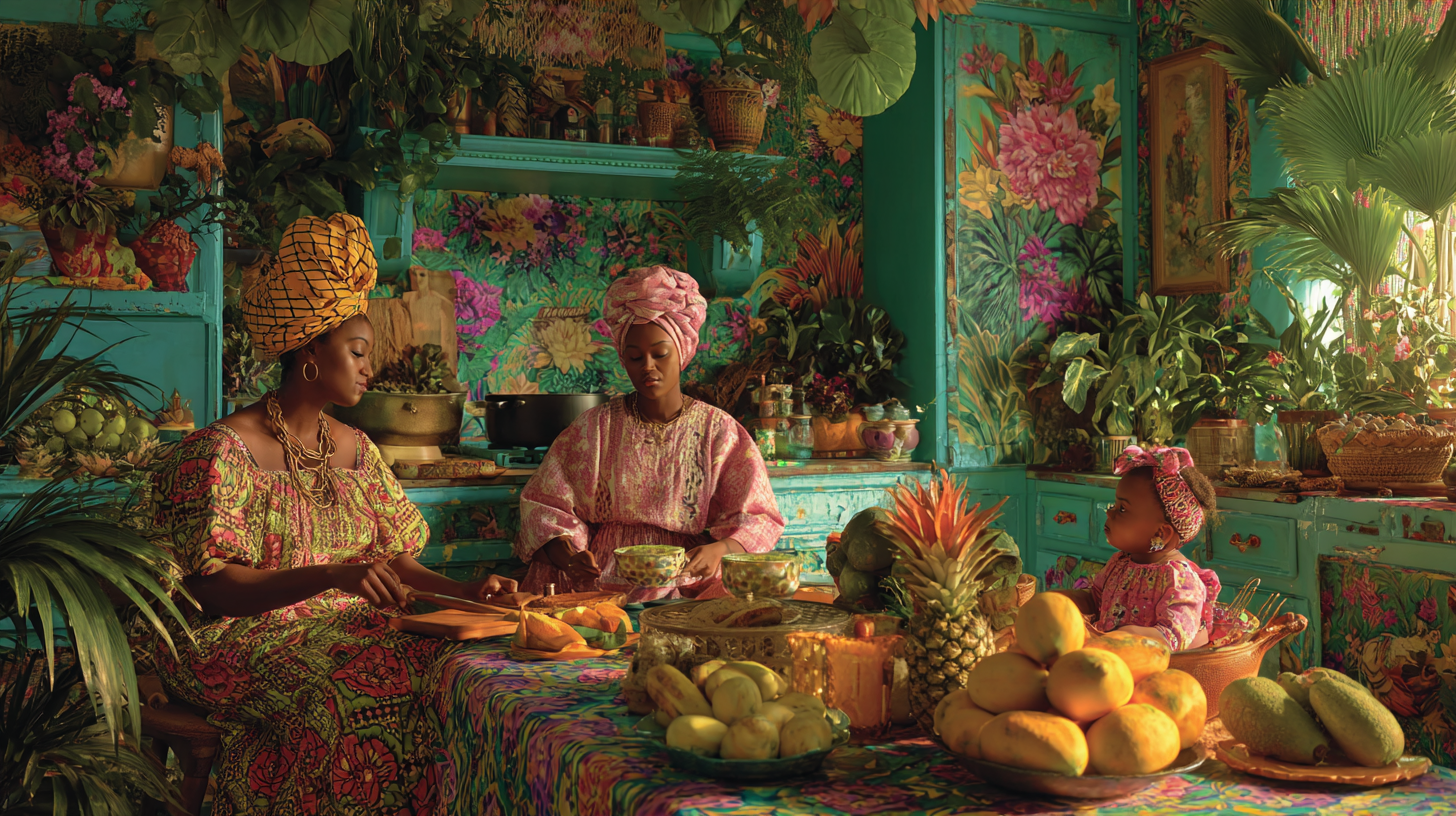 Three generations of women preparing traditional Caribbean food together, passing down cultural feeding wisdom and family recipes