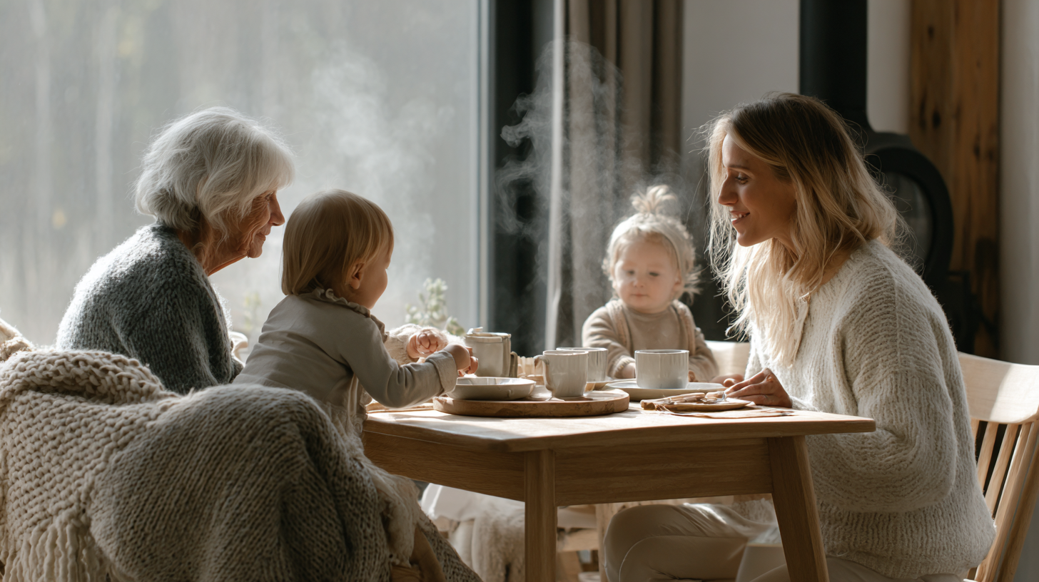 Multi-generational family sharing a meal together at the table, representing harmony and respect between different generations in feeding practices