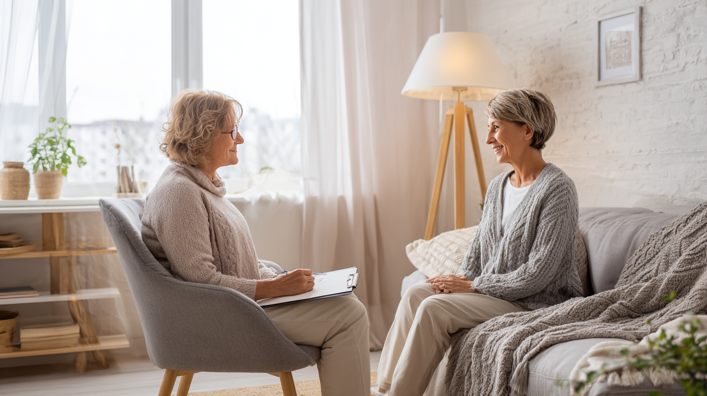Supportive lactation consultant helping calm mother, representing breaking the anxiety cycle