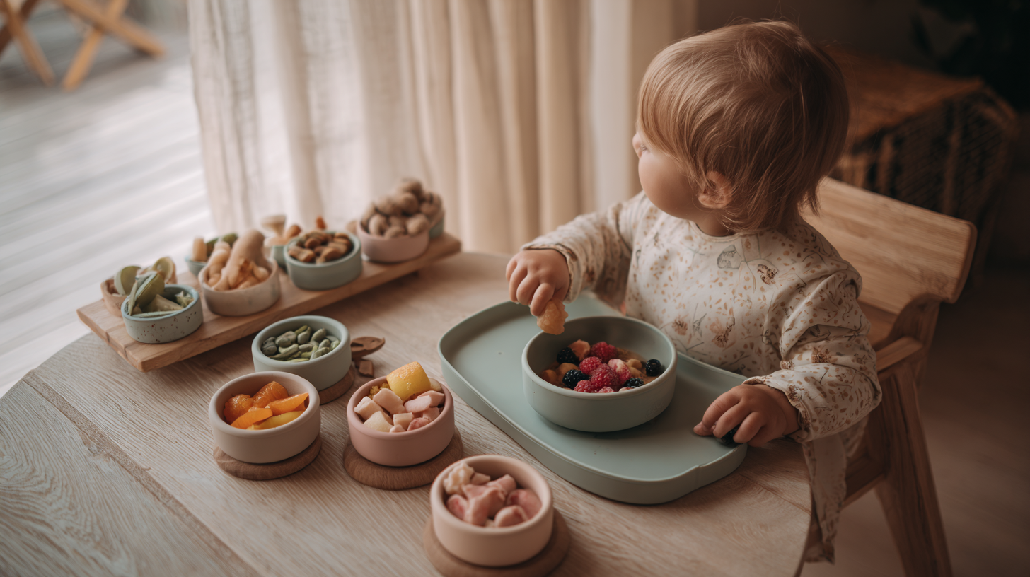 No-mess baby feeding setup with silicone feeding mats and portable containers