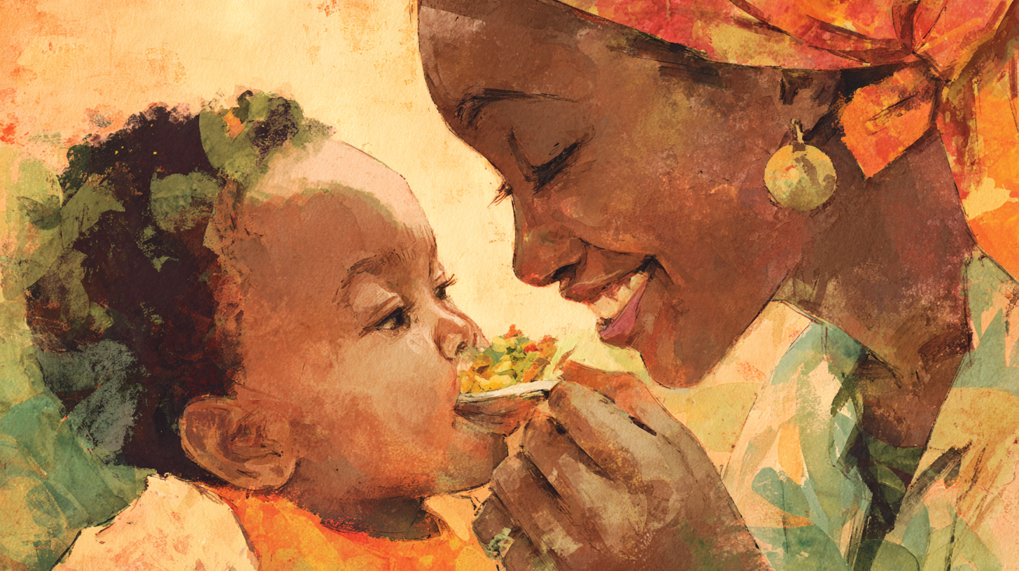 Working mother bonding with baby during mealtime with Caribbean-inspired baby food