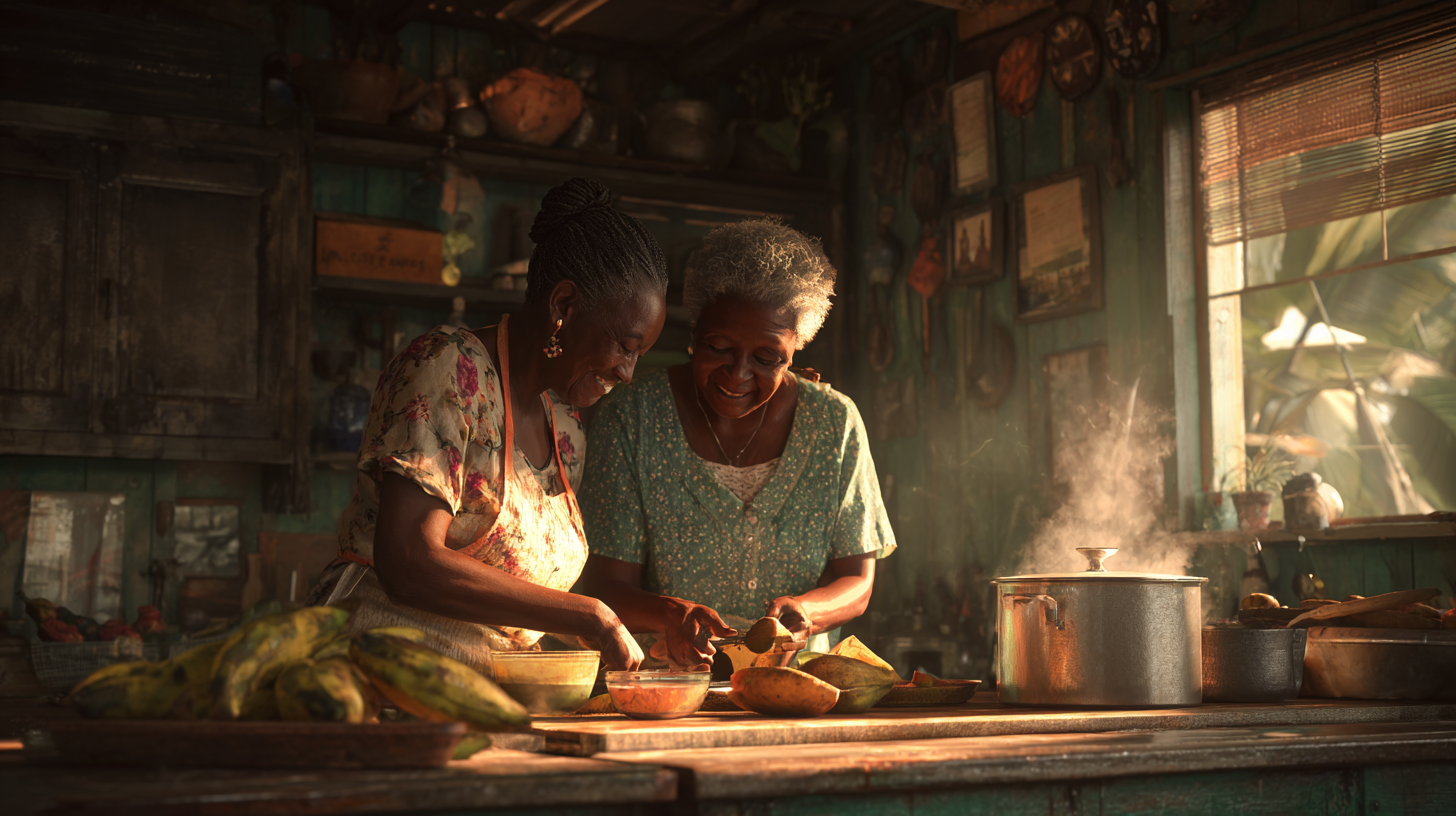 Grandmother and mother preparing traditional Caribbean food together in kitchen, showing intergenerational cooking and cultural food traditions